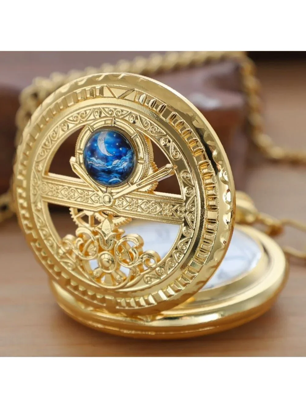 Men's All Gold Analog Quartz Arabic Numeral Moon Phase Chain Dial Pocket Watch